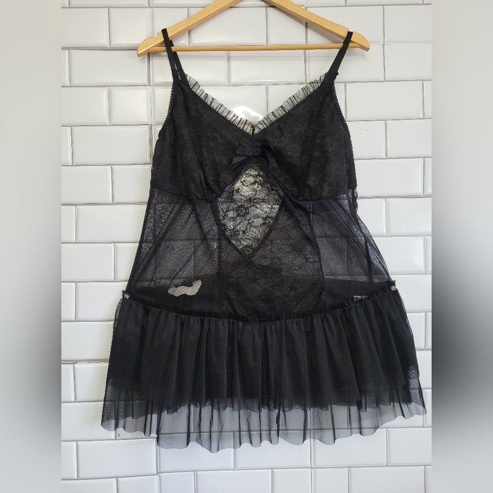 NATURALLY CLOSE Women’s One Piece Black Lace Babydoll Lingerie Chemise Sheer Ruf